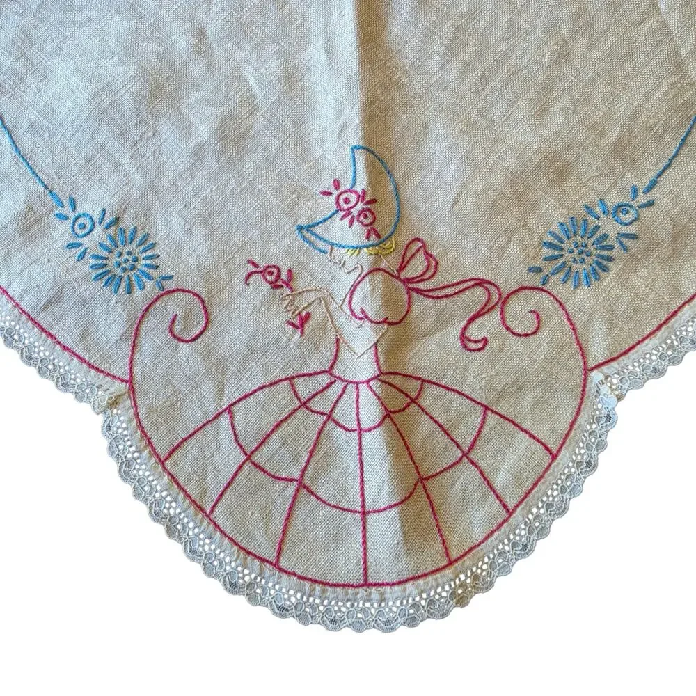 Vintage Crinoline Lady Embroidered Dresser Scarf & Crochet Doily Set Centerpiece